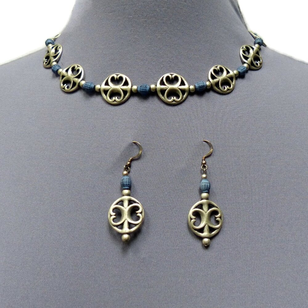 Vintage Pewter-tone Artisan Necklace Earrings Celtic Inspired Silver Blue Beaded